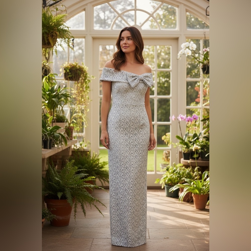 NWT Rickie Freeman for Teri Jon Off the Shoulder Metallic Jacquard Column Gown 6